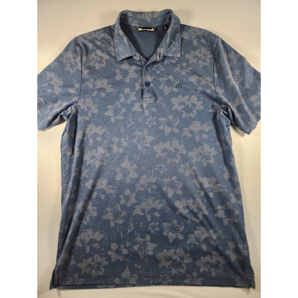 Travis Mathew Polo Shirt Mens‎ L Blue Floral Striped Short Sleeve Golf Tropical
